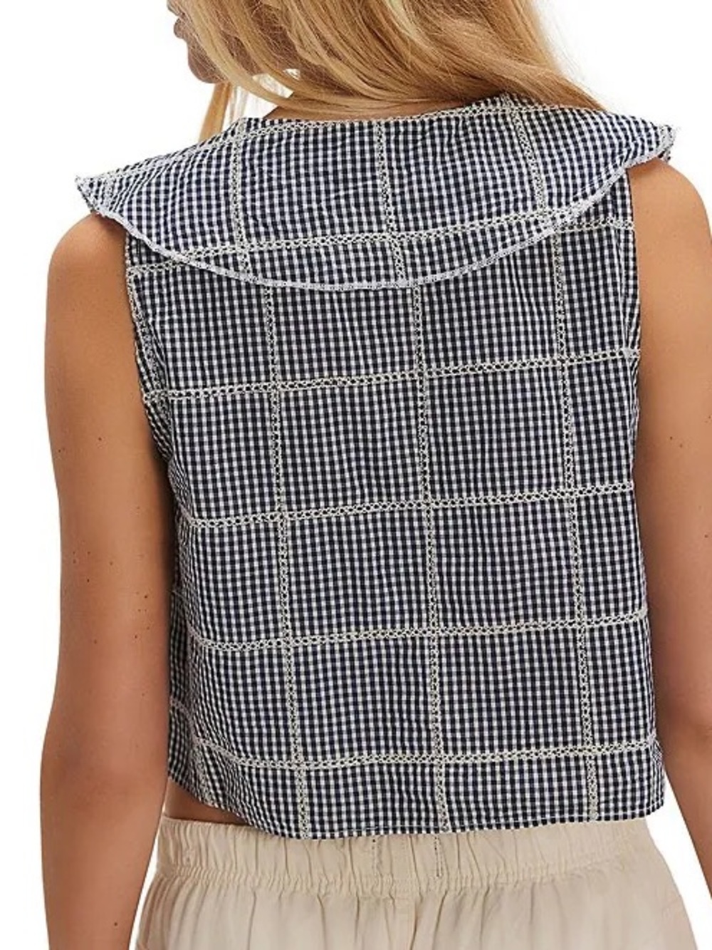 Free People Navy & White Gingham Tie-Front Cropped Tank - Picture 2 of 7